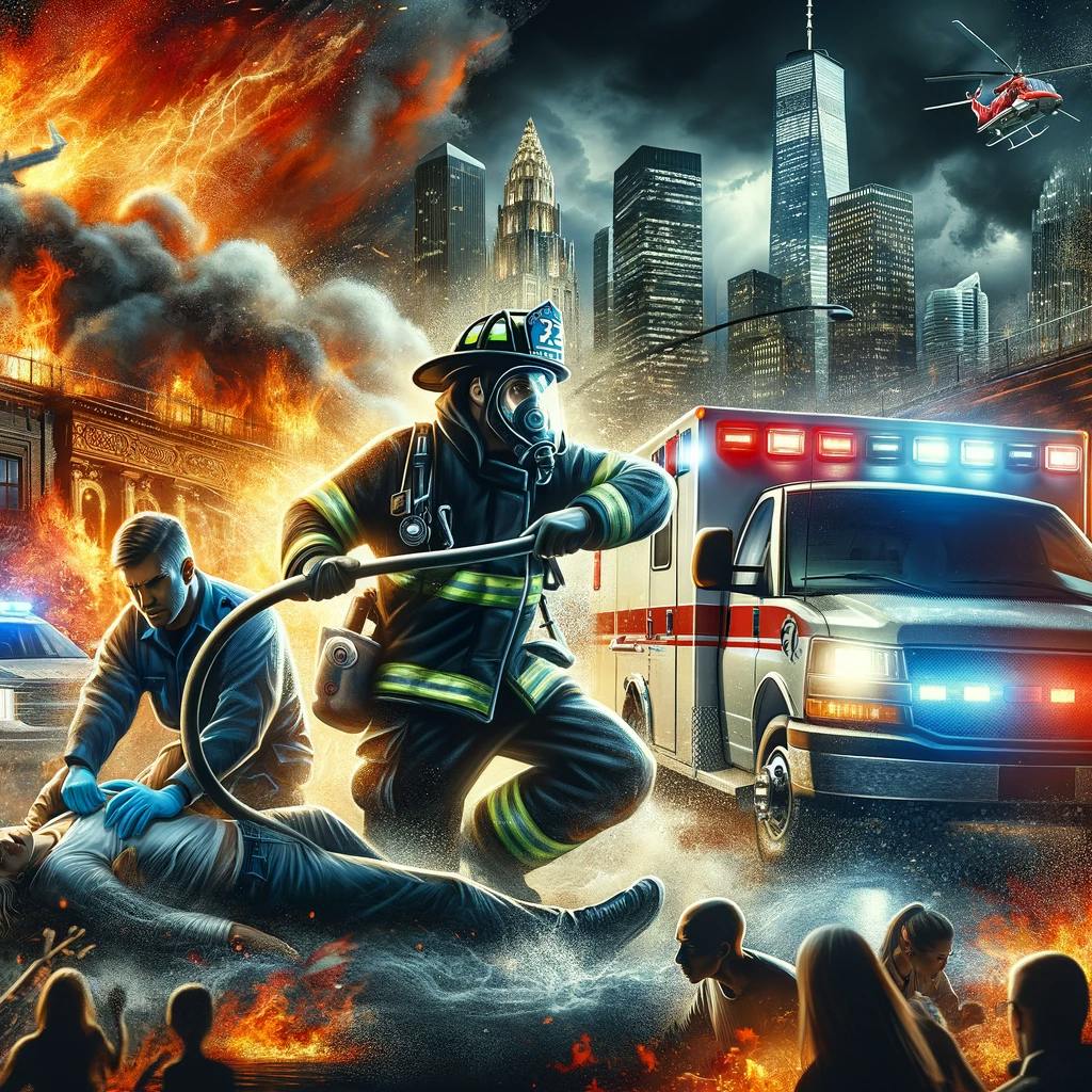 A dynamic scene featuring First Responders in action against the backdrop of a city emergency. In the foreground a firefighter battles a blaze wield